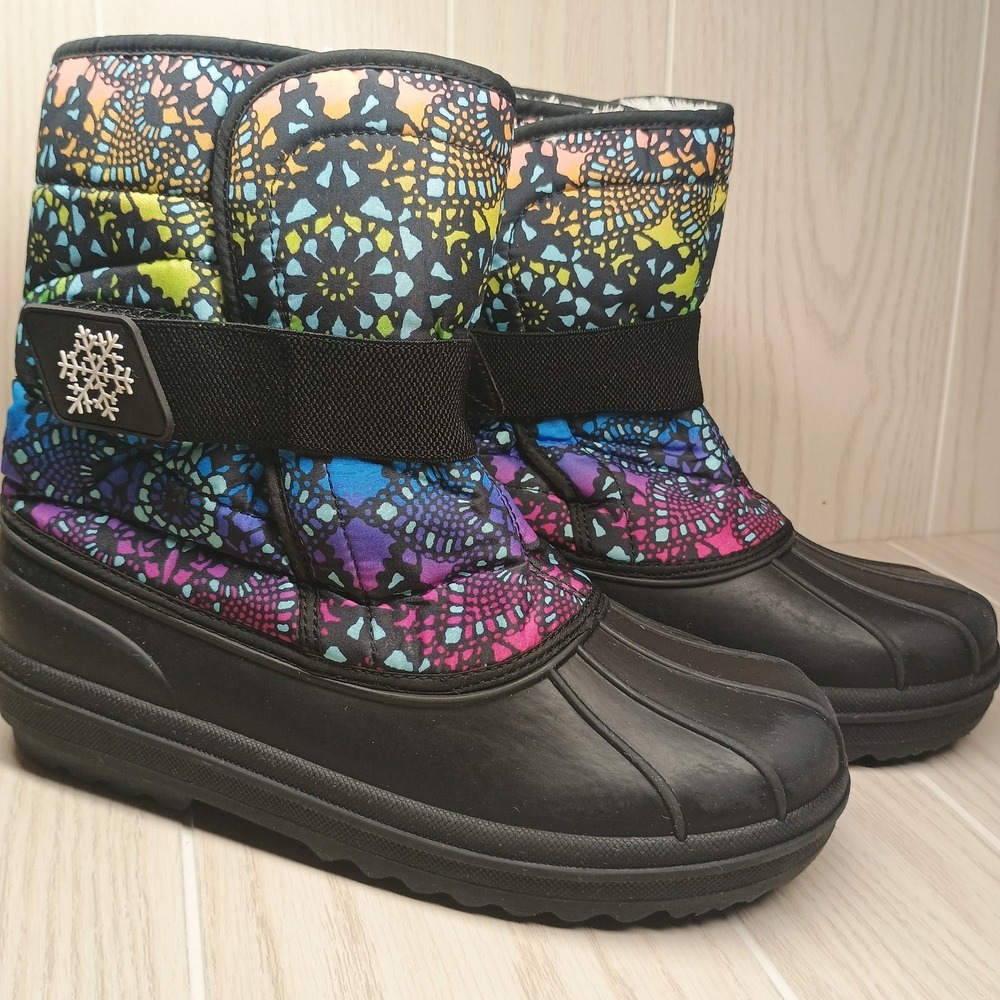 The Childrens Place Girls Size 6 Winter Snow Colorful Print Boots Strap Faux Fur
